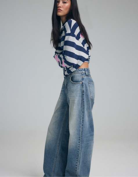 Stradivarius Tall barrel fit-jeans i överfärgad blå denim - view 1