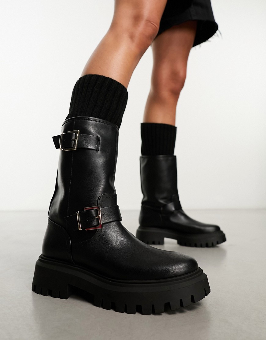 Stradivarius tall biker boot with buckle detail in black