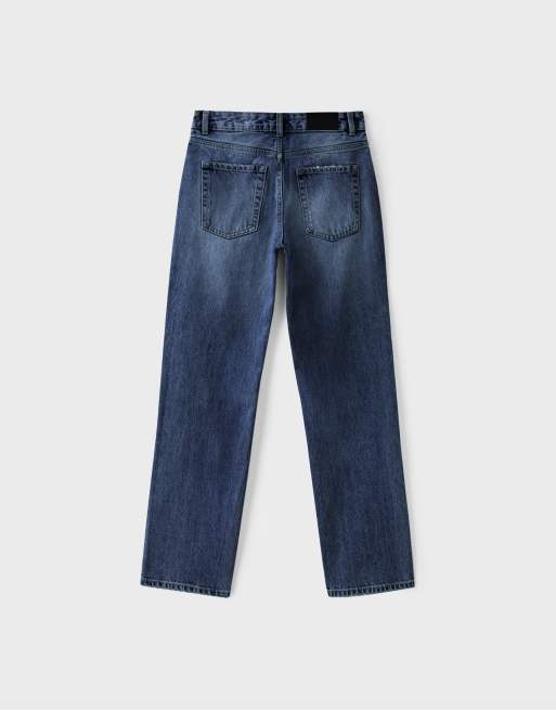 Stradivarius Tall button-up straight slim fit jeans in medium denim wash, 7 of 7