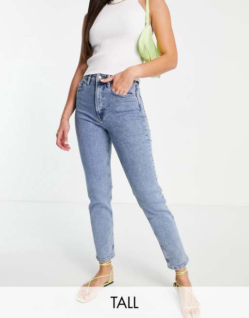 Stradivarius Tall cotton slim mom jean with stretch in blue