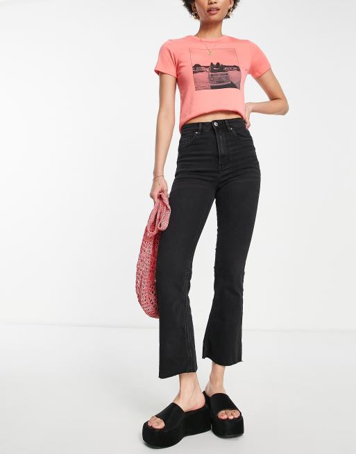 Stradivarius crop flare jeans in black