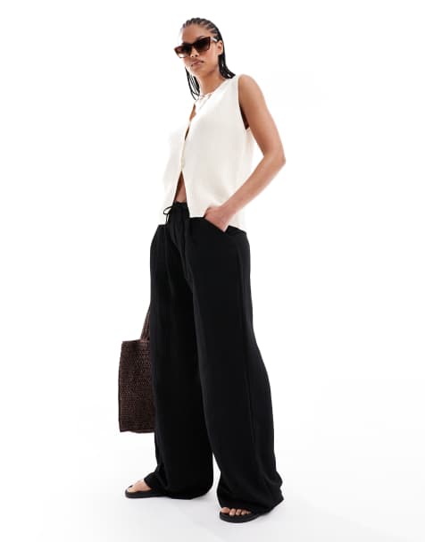Stradivarius Tall wide leg crinkle tie waist trouser in black