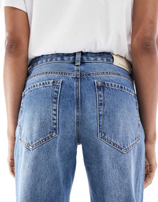 Stradivarius Tall D03 low waisted straight leg jean in mid blue wash, 4 of 5
