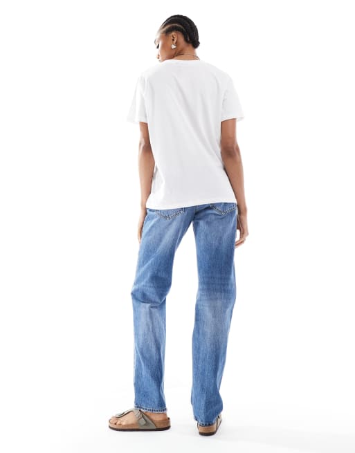 Stradivarius Tall D03 low waisted straight leg jeans in mid blue wash