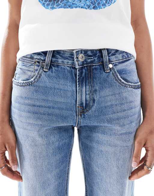 Stradivarius Tall D03 low waisted straight leg jeans in mid blue wash