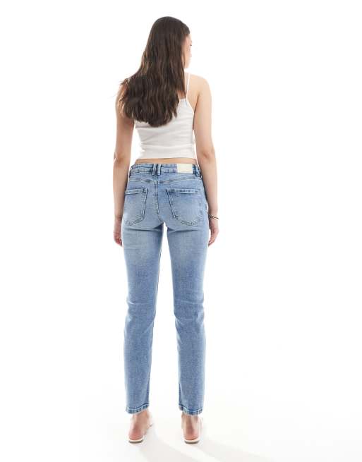 Stradivarius Tall – D10 – Dopasowane niebieskie jeansy mom fit z efektem sprania, 2 z 5