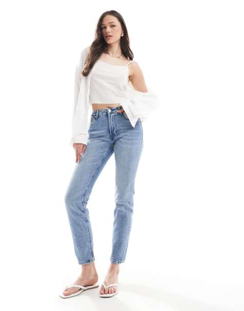 Stradivarius Tall – D10 – Mellanblå, tvättade mom jeans med smal passform - view 1