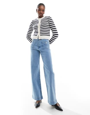 Tall D77 straight leg jeans with button detail in mid wash-Blue