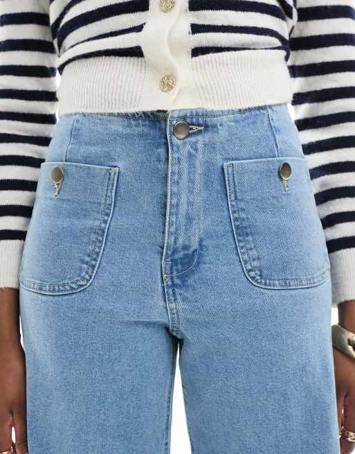 Stradivarius Tall D77 straight leg jeans with button detail in mid wash