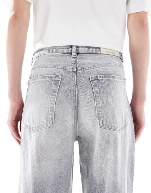 Stradivarius Tall – D88 – Jasnoszare sprane jeansy o bardzo luźnym kroju, 4 z 5