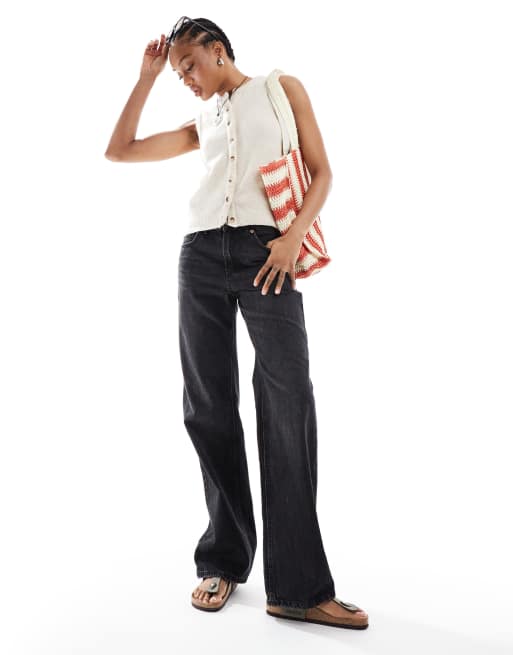 Stradivarius Tall – D92 – Czarne jeansy z prostymi szerokimi nogawkami