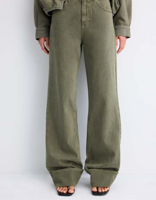 Stradivarius Tall d92 straight wide jeans i khaki, 2 af 7