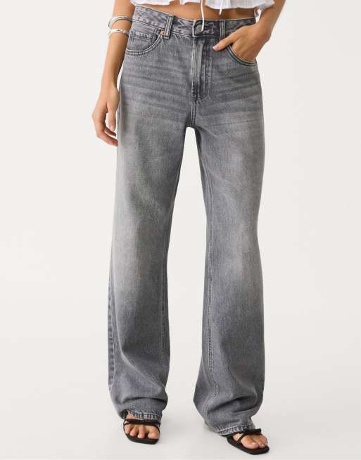 Stradivarius Tall d92 straight wide-leg jeans in dark grey denim wash, 2 of 4