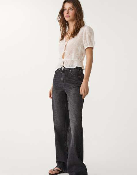 Stradivarius Tall d92 straight wide-leg jeans in washed black