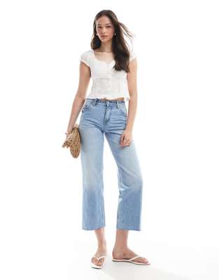 Stradivarius Tall D96 straight cropped jean in mid wash-Blue