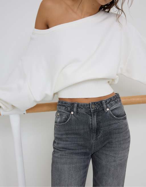 Stradivarius Tall D98 jeans med raka ben i mörkgrå denimtvätt med vintagelook, 4 av 7