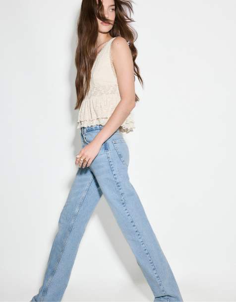 Stradivarius Tall d98 straight-leg jeans in middenlichtblauwe denim - view 1