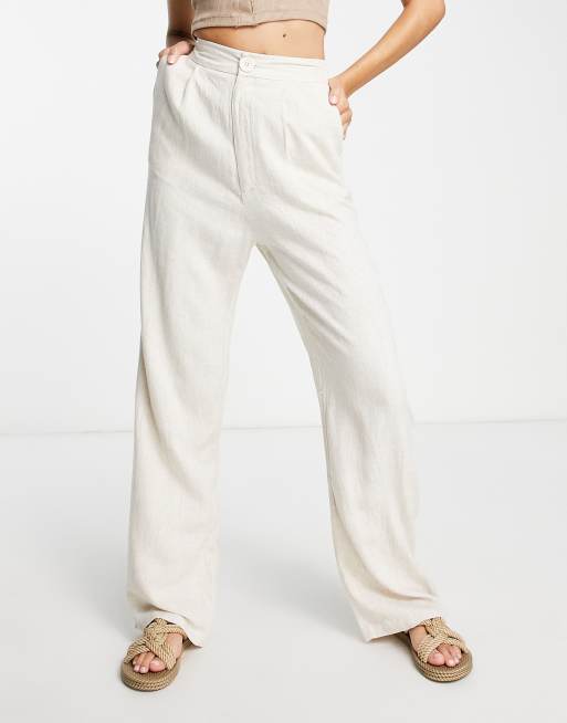 Stradivarius Tall - Dad broek van linnen met wijde pijpen in naturel , 3 van 4