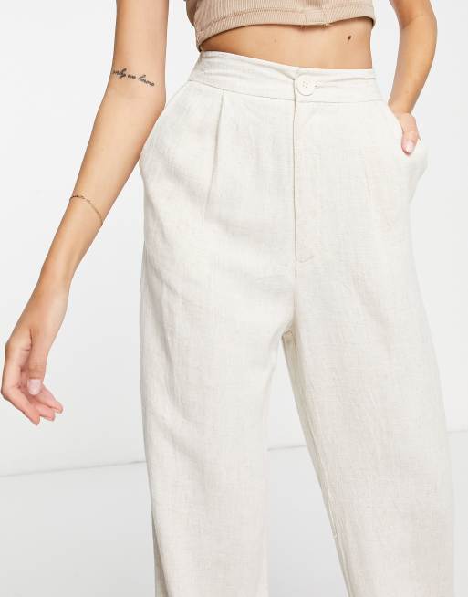 Stradivarius Tall - Dad broek van linnen met wijde pijpen in naturel , 4 van 4