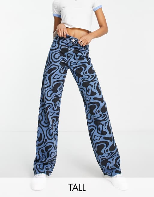 Stradivarius Tall - Dad jeans met retro print in blauw