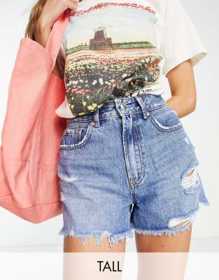 Stradivarius Tall Denim Shorts With Rips In Medium Blue Wash