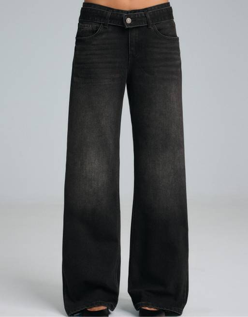 Stradivarius Tall double-waist wide-leg jeans in black denim wash, 2 of 7