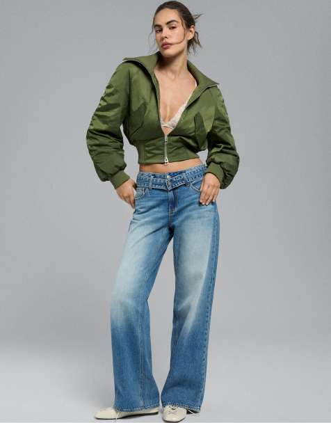 Stradivarius Tall double-waist wide-leg jeans in medium blue denim - view 1