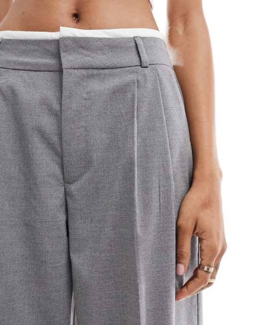 Stradivarius Tall – Elegante Hose in Grau mit weitem Bein und Bund im Boxershorts-Stil , 4 von 5