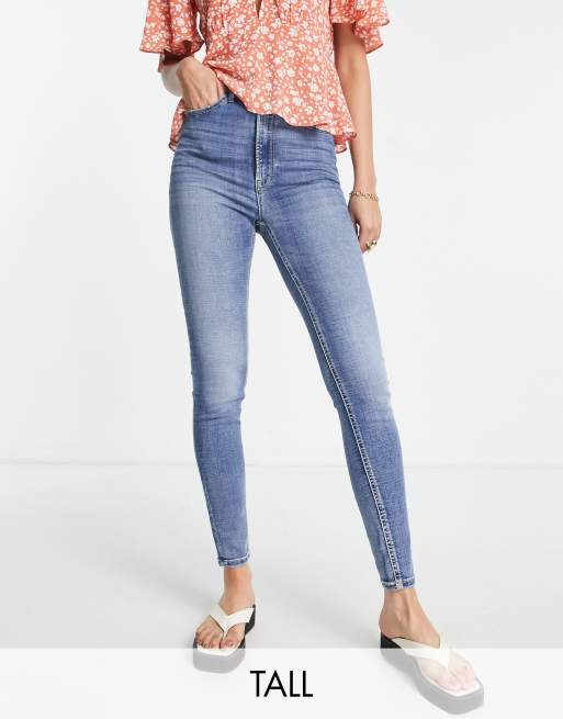 Stradivarius Tall – Eng geschnittene Jeans mit superhohem Bund in Mittelblau