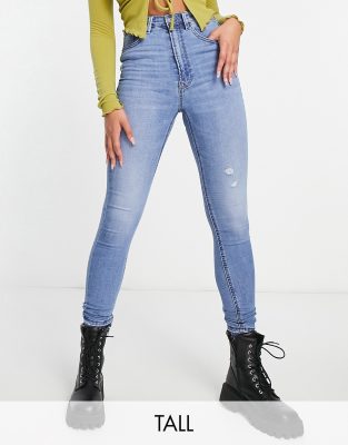 Stradivarius Tall - Eng geschnittene Jeans mit superhohem Bund in Mittelblau