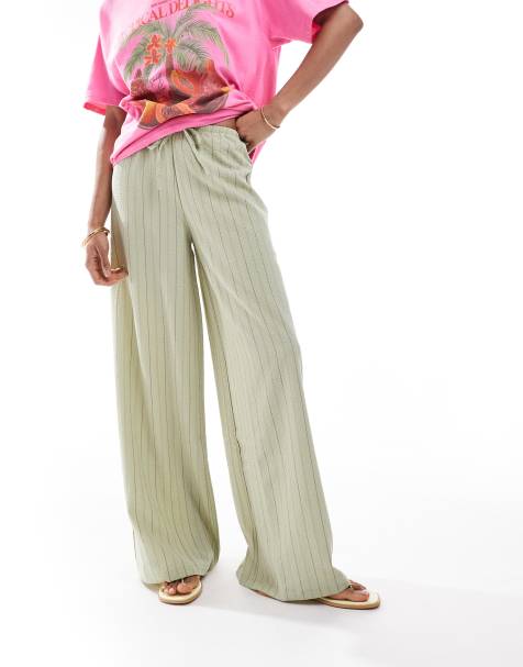 Stradivarius Tall – Gestreifte Hose in khaki Leinenoptik mit weitem Bein - view 1