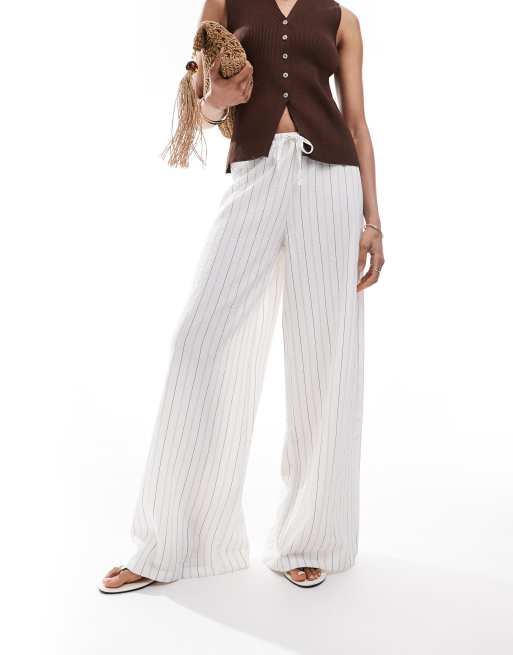 Stradivarius Tall – Gestreifte Hose in weißer Leinenoptik mit weitem Bein, 2 von 5