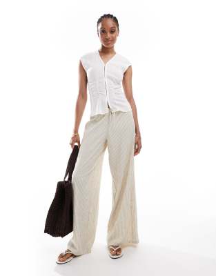 Stradivarius Tall - Hose in Leinenoptik in Ecru gestreift mit weitem Bein-Neutral