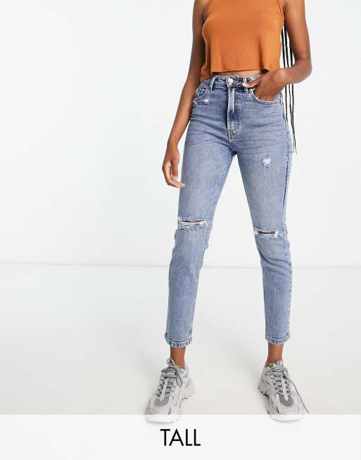 Stradivarius Tall - Jean mom slim stretch à déchirures - Bleu authentique