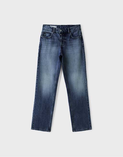 Stradivarius Tall jean slim droit boutonné délavage denim moyen, 6 de 7