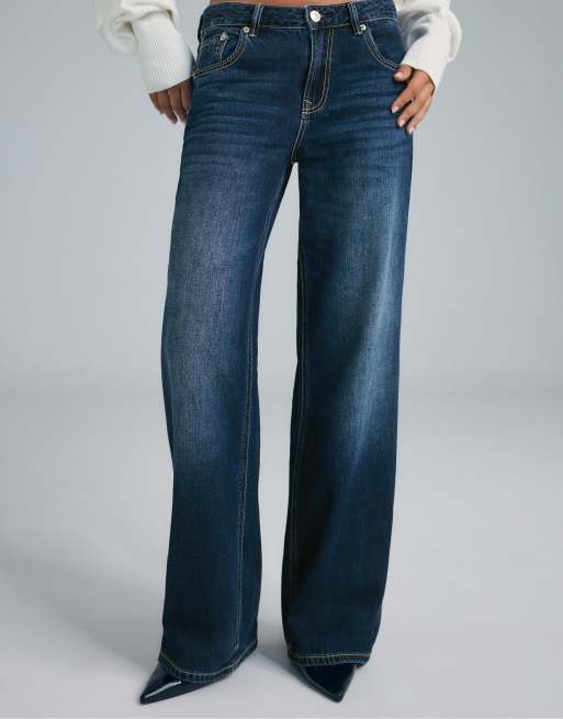 Stradivarius Tall jeans a gamba larga e vita bassa in denim blu scuro, 2 di 7