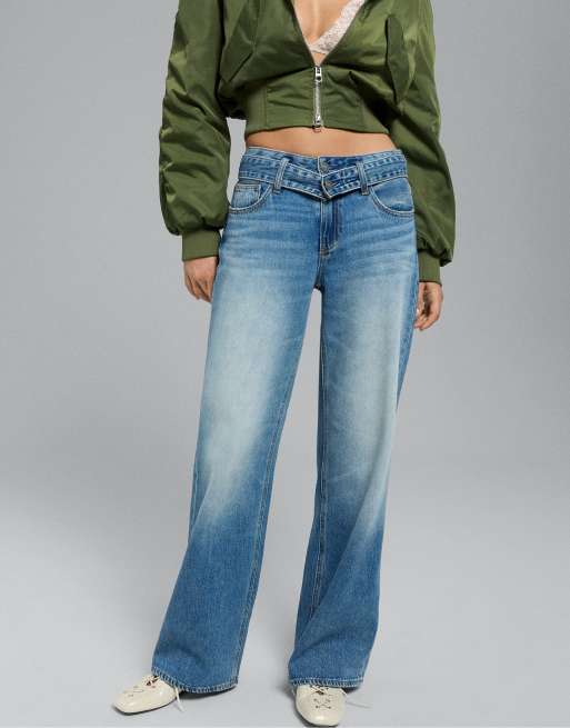 Stradivarius Tall jeans med dubbel midja och vida ben i mellanblå denim, 2 av 7