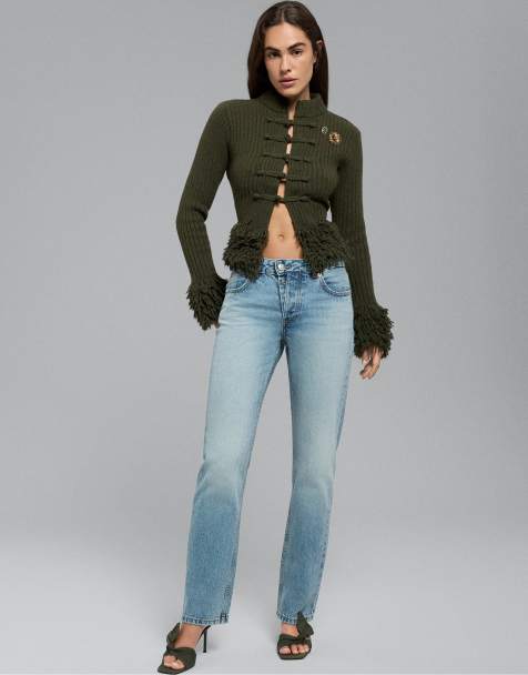 Stradivarius Tall jeans met knoopsluiting, rechte slim-fit in middenblauw denim - view 1