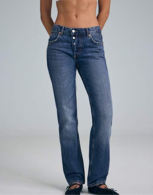 Stradivarius Tall jeans met rechte slim-fit en knoopsluiting in medium denimwassing, 2 van 7