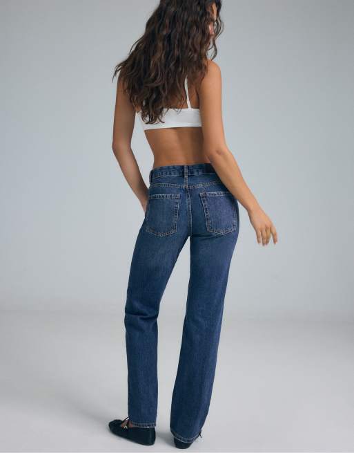Stradivarius Tall jeans met rechte slim-fit en knoopsluiting in medium denimwassing, 3 van 7