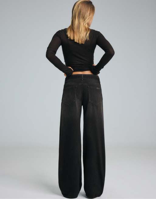Stradivarius Tall Jeans mit doppeltem Bund und weitem Bein in schwarzer Denim-Waschung, 3 von 7
