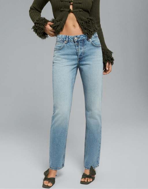 Stradivarius Tall jeans slim fit dritti con bottoni in denim blu medio, 2 di 7