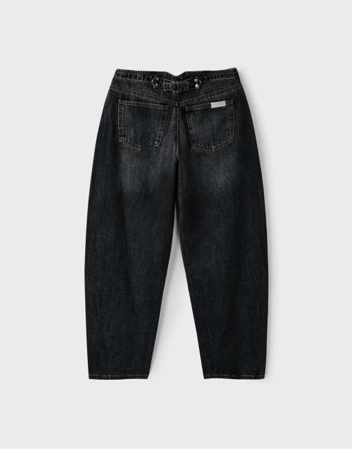 Stradivarius Tall justerbara barrel-byxor i svart denimtvätt, 7 av 7