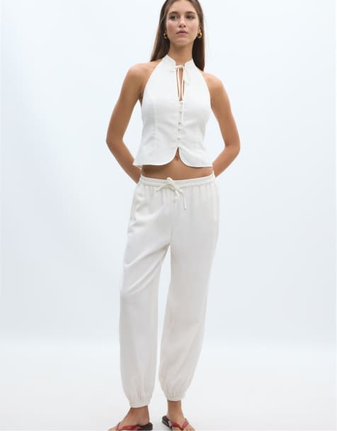 Stradivarius Tall linen-effect sarouel trousers in white - view 1