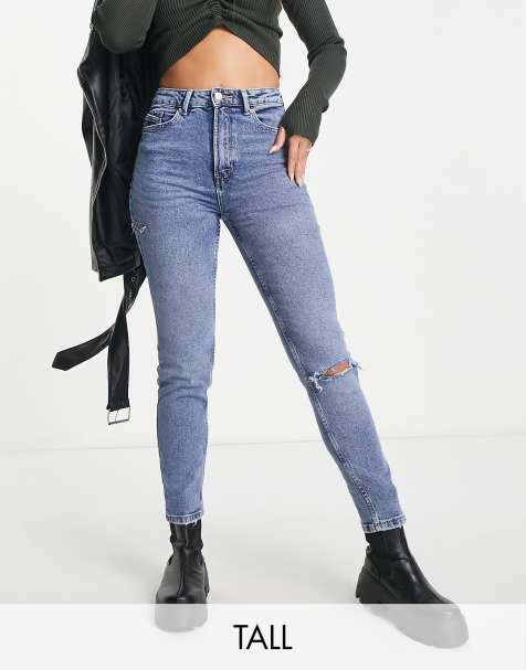 Stradivarius Tall - Mom jeans slim elasticizzati con strappi, colore blu medio - view 1