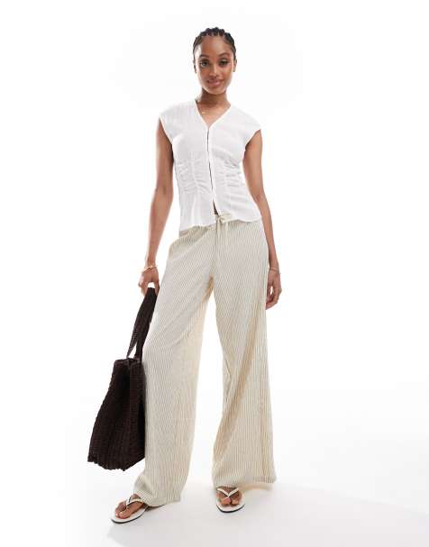 Stradivarius Tall – Naturvita, randiga byxor i linnestil med vida ben - view 1