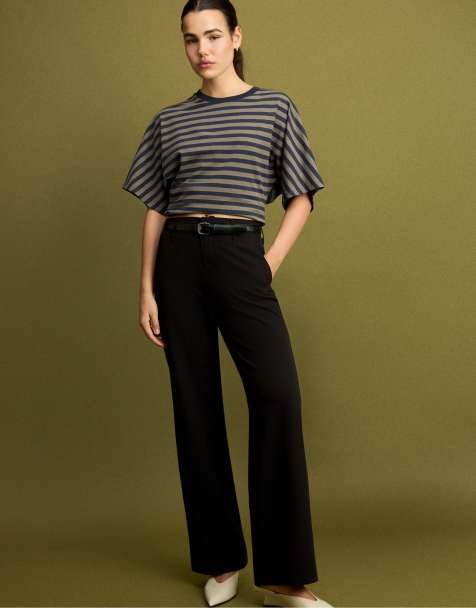 Stradivarius Tall - Pantalon droit élégant et fluide avec ceinture - Noir - view 1