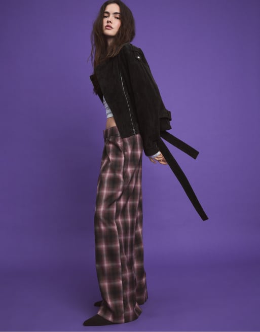 Stradivarius Tall pantalon large habillé à carreaux avec boutons ajustables violet, 5 de 7