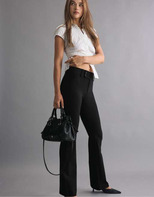 Stradivarius Tall pantaloni a zampa in bengalina a vita alta neri, 5 di 7