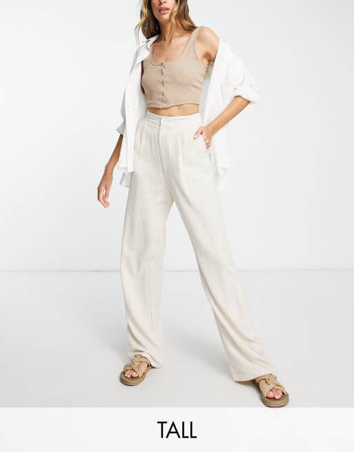 Stradivarius Tall - Pantaloni dad a fondo ampio in lino colore neutro 
